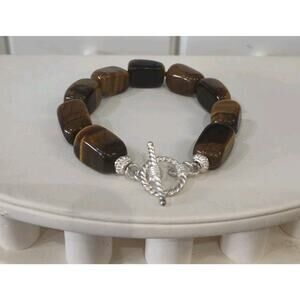 SX925 Chunky Large Tiger's Eye Bracelet Sterling Silver Toggle 19X 12mm Fits 8"